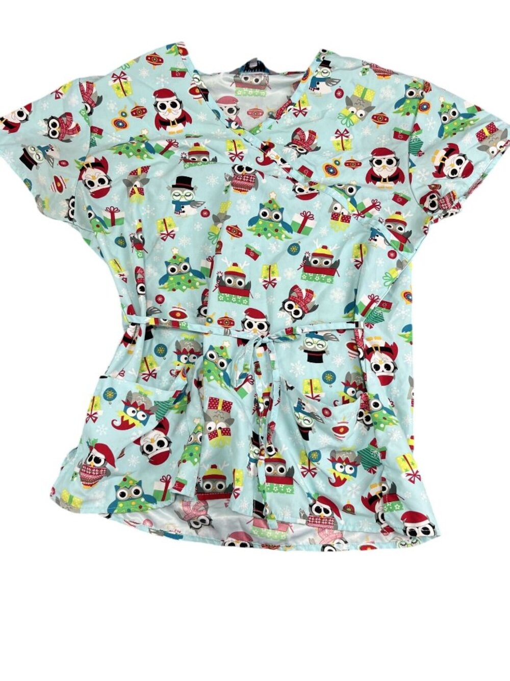 Serene Uniforms Womens Blue Christmas Owl V-Neck Scrub Top Tie Waist Size M